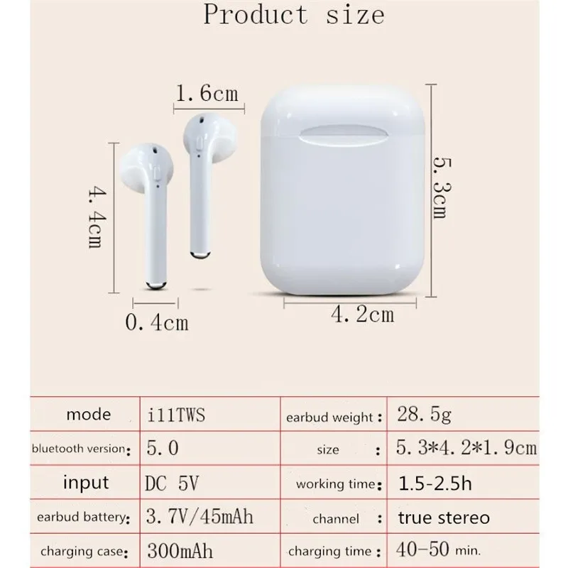 Bluetooth 5.0 i11 tws Earphones with Mic Wireless Headphones Support Binaural Call 3D Stereo Sound with Charing Box vs i10 i80