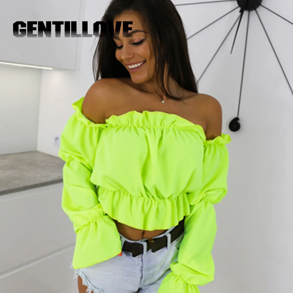 Летняя Сексуальная с открытыми плечами Slash модная женская блуза длинный фонарь