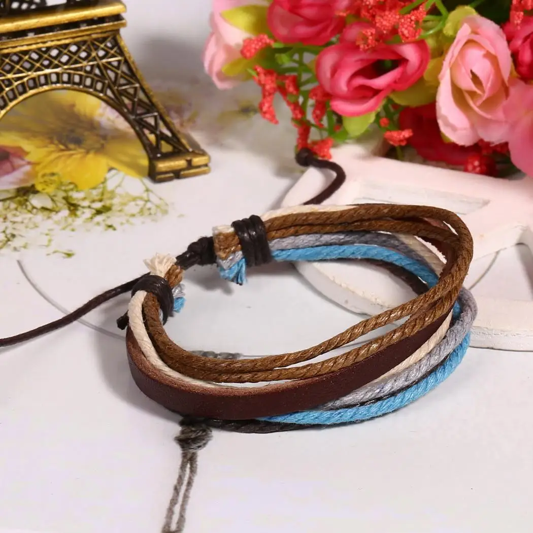 layer Adjustable Multilayer Unisex Casual Composite Cuff Wristband Braided Rope Artificial Bracelet Charm multi Wax Leather | Украшения и