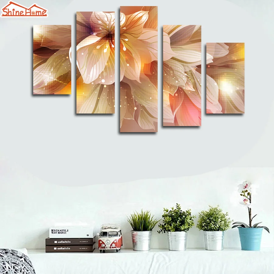 

Настенная картина маслом ShineHome-5pcs, печать на холсте, цветы лилии, картина для стен гостиной с рамкой, домашний декор