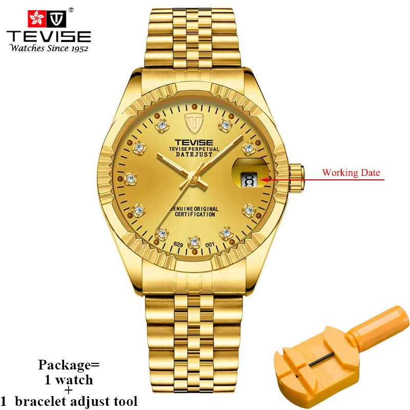 gold Tevise Роскошные Мужские автоматические часы, золотые часы из нержавеющей стали, мужские механические наручные часы с датой, Reloj Hombre 629 - Цвет: gold