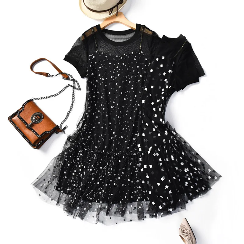 Оригами Лето 2019 новый стиль женское платье в Корейском стиле Сетчатое с коротким