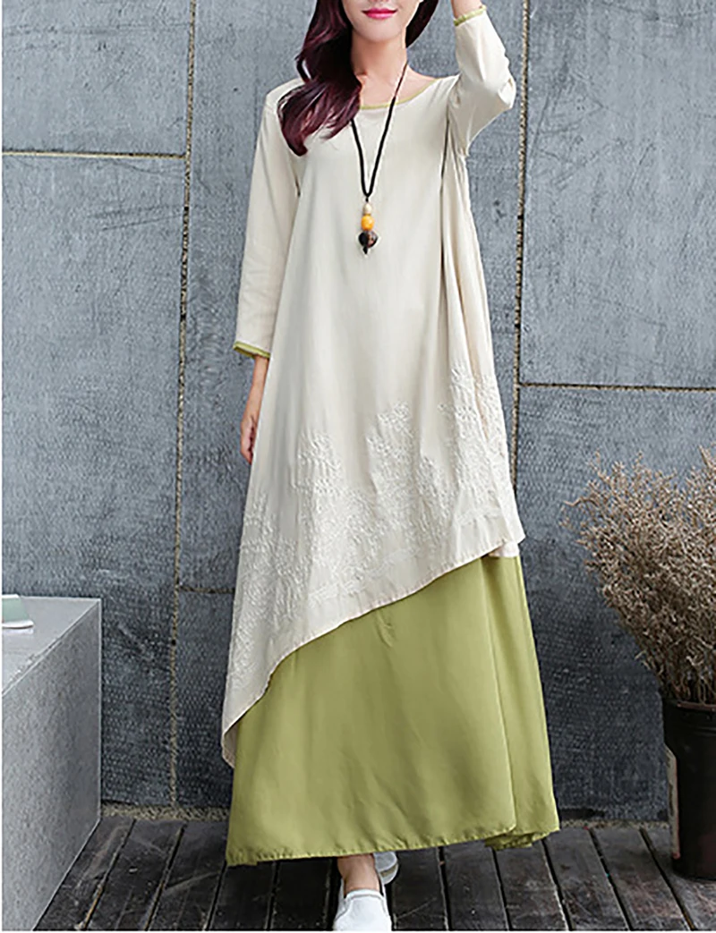 Loose large size female long dress Chinese style art Wrist Sleeved flax cotton and linen temperament Embroidery O-Neck dresses | Женская