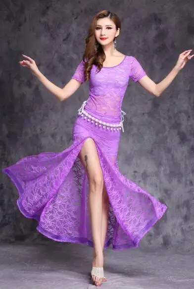 Light purple Кружевной Костюм для танца живота 3 шт. топ и юбка и цепочка на талии новая модель горячая распродажа Женские костюмы для танца живота одежда для выступлений длинная юбка - Color: Light purple