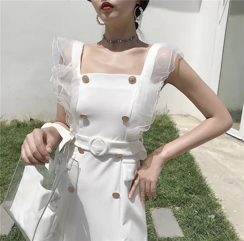 Элегантное Белое летнее женское платье двубортное на бретелях с рюшами
