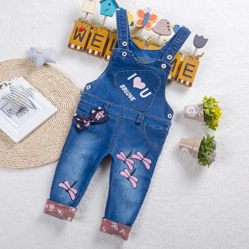 

DIIMUU Kids Baby Toddler Clothing Girls Overalls Denim Suspender Pants Printing Love Cute Casual Jumpsuits Long Sleeve Trousers