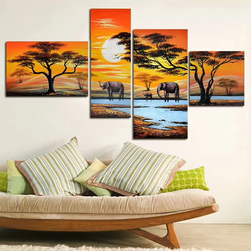 

Fashion Animal Landscape Conbined 4 PCS Diamond Paintings Elephant Pictures Full Rhinestone Embroidery Pattern Needlework Kits