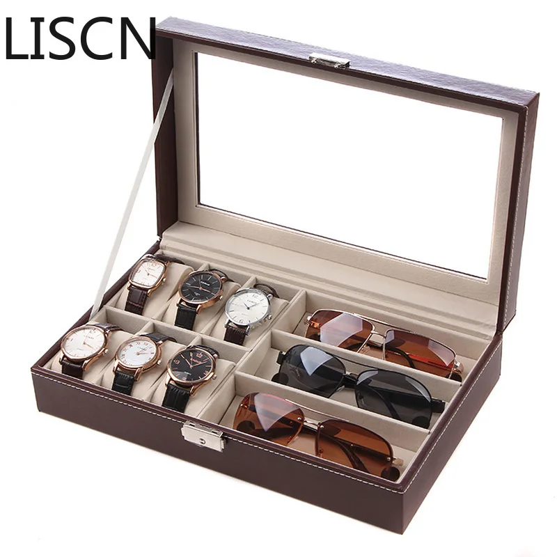 LISCN 8 сетки+ 3 смешанные сетки PU кожаные коробки для часов хранения Органайзер коробка роскошные украшения, кольцо Витрина Чехол для часов черный