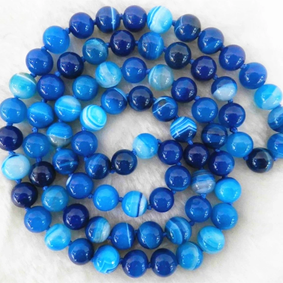 

wholesale long 35inch 8mm blue stripe agat onyx natural semi-precious stone carnelian round beads necklace party jewels BV52