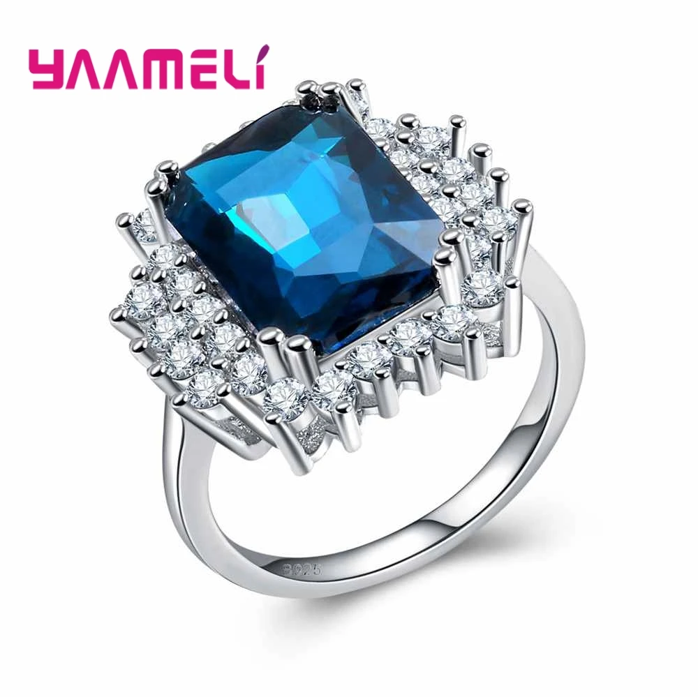 

Cool Style Wide Square Cubic Zircon Blue Stone Decorated With Crystal 925 Sterling Silver Ring For Women Girl Party
