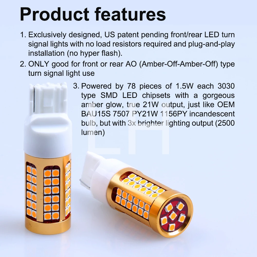 2X 7440 T20 LED 78SMD 3030LED Yellow WY21W Canbus No Error Bulbs For Turn Signal Lights 12V | Автомобили и мотоциклы