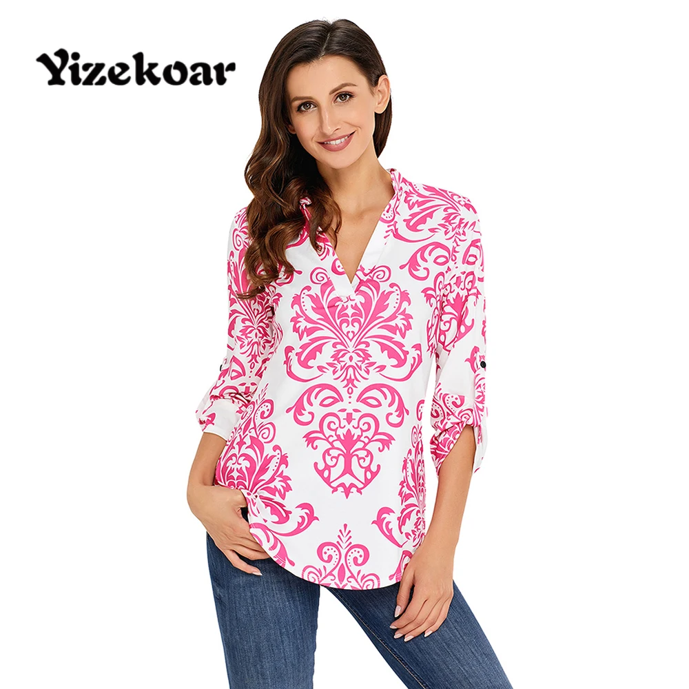Yizekoar Damask Print Blouse Shirts Women Floral Blusas 2018 Autumn Casual Top Spring Lady Big Size Roll Up 3/4 Sleeve Blouses |