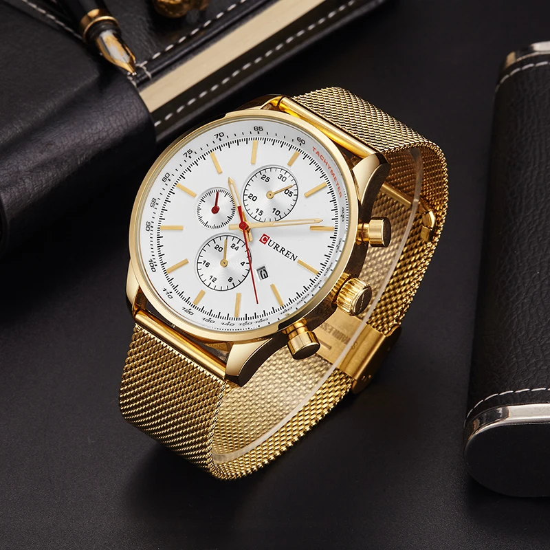 CURREN Japan Movement Golden Mesh Band отображение даты красные стрелки мужские модные кварцевые