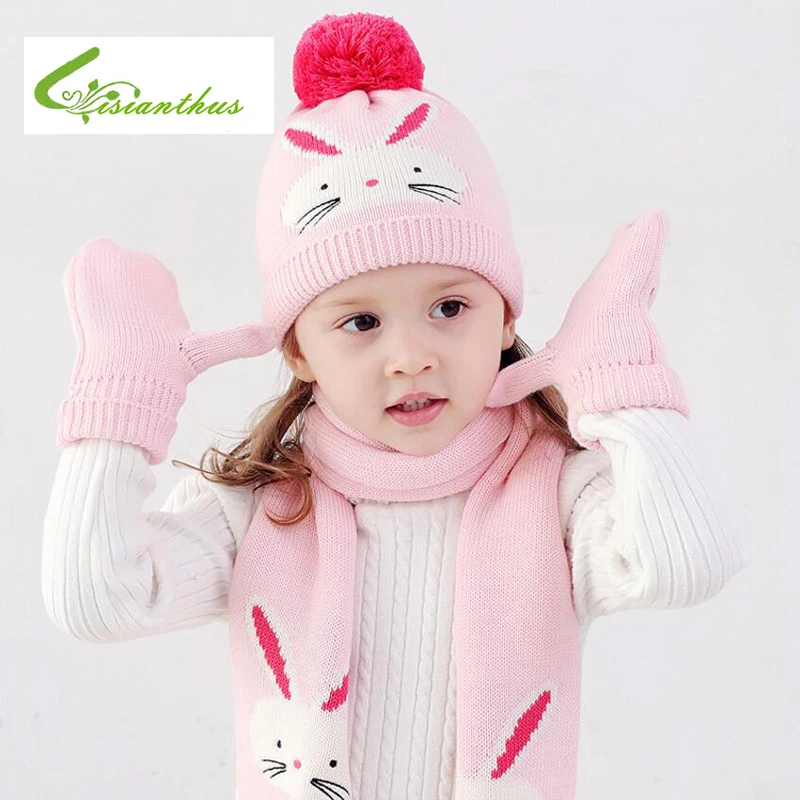 Зимняя детская шапка шарф варежки модные вязаные детские шапки с кроликом шарфы