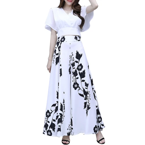 Женский комплект из 2 предметов белая шифоновая блузка с широкими штанинами и