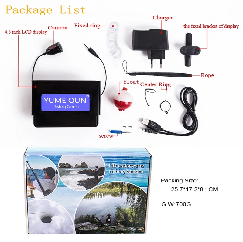 Подводная камера YUMEIQUN для рыбалки, инфракрасная камера для рыбы, HD 1000TVL, 20 м, 4,3 дюйма, монитор, эхолот с солнцезащитным покрытием, для подледной рыбалки