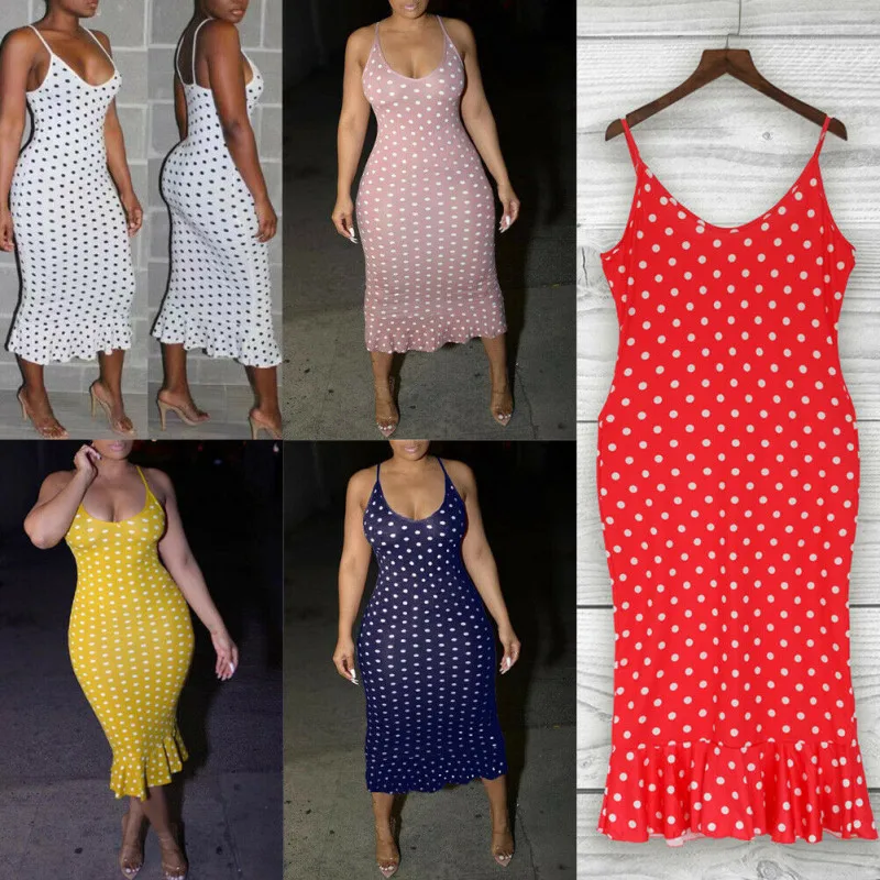 Женское платье-миди в горошек без рукавов с V-образным вырезом | Женская одежда