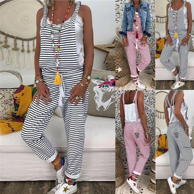 

Women Jumpsuit Sleeveless Backless Dungarees Strap Pant Stylish Loose Jumpsuit Elegant Woman Plus Size Baggy Striped Overalls