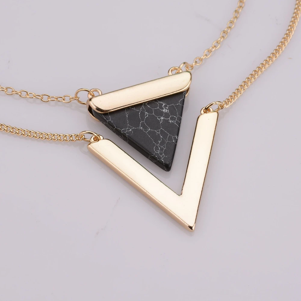 V Letter Shape Triangle Stone Double Layered Geometric Pair Pendant Necklaces Friendship Statement Necklace For Women Jewelry |
