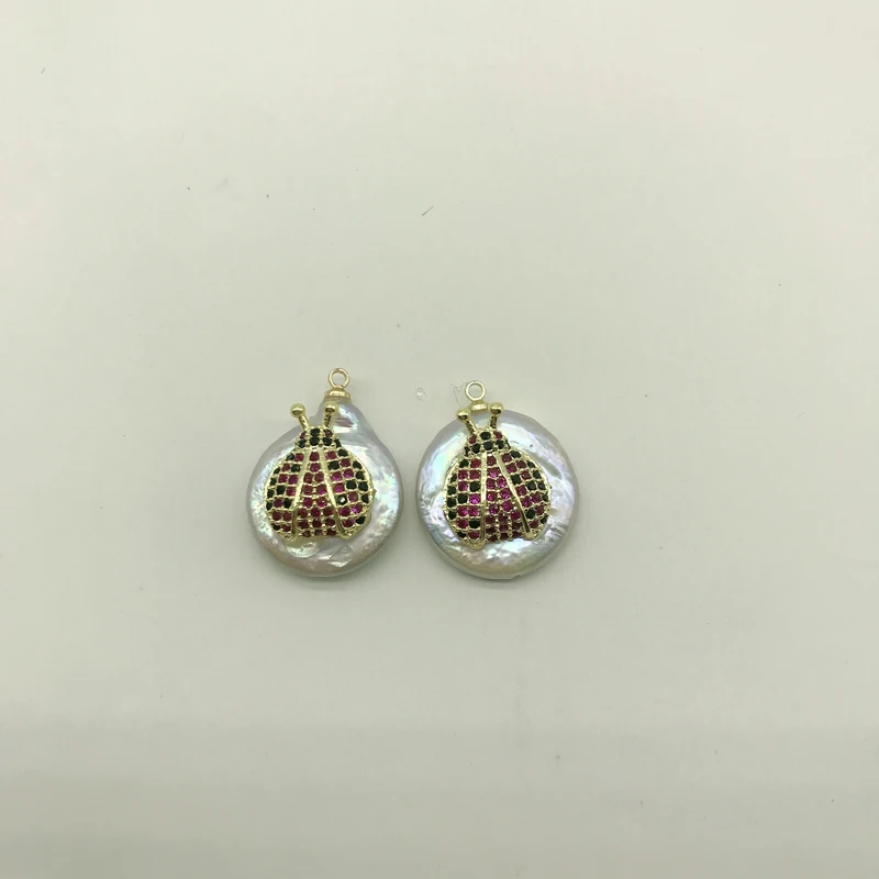 

5pcs/Lot Jewelry Accessories Baroque Pearl Paste Micro CZ Pave Ladybug Charm For Making Jewelry