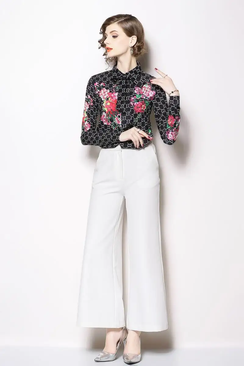 Elegant Office Lady Turn Down Collar Tied Neck Floral Geometric Printing Blouse Spring Women Button Loose Tops And Blouses