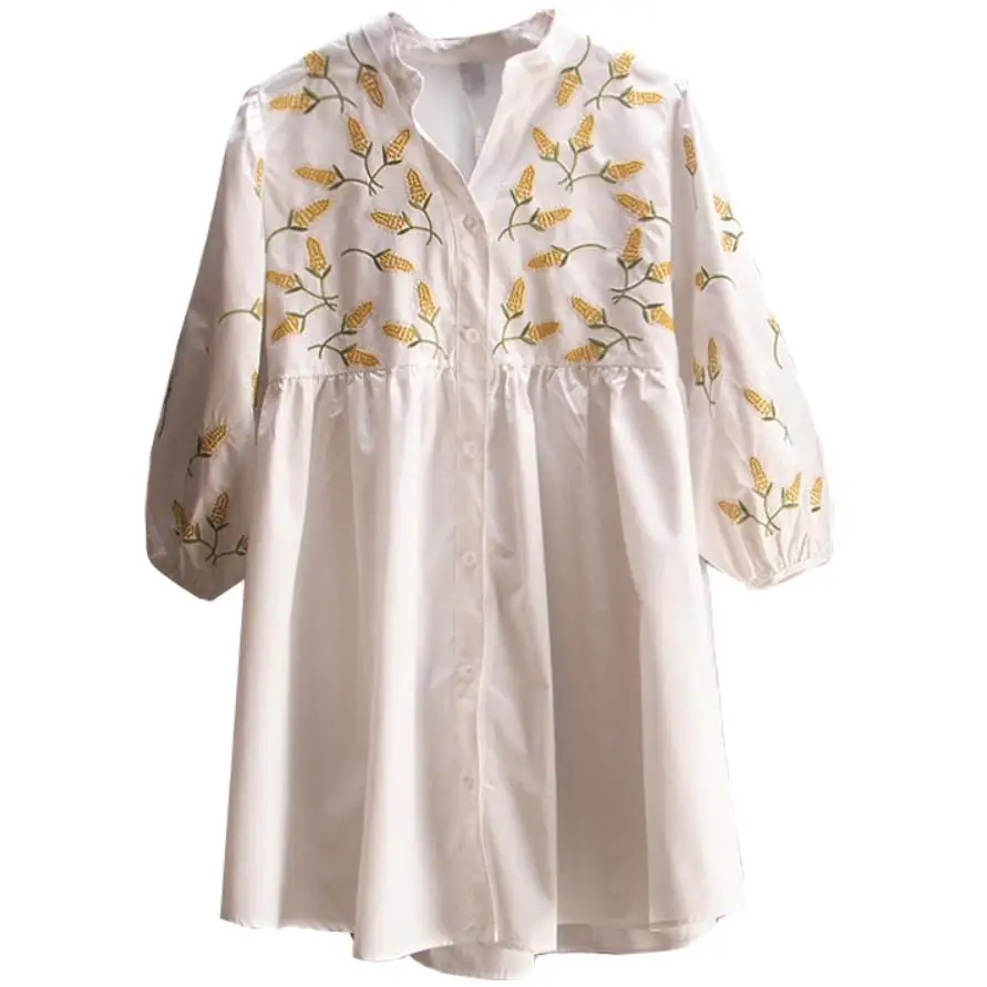 Женская длинная рубашка с цветочной вышивкой высокой талией демисезонная