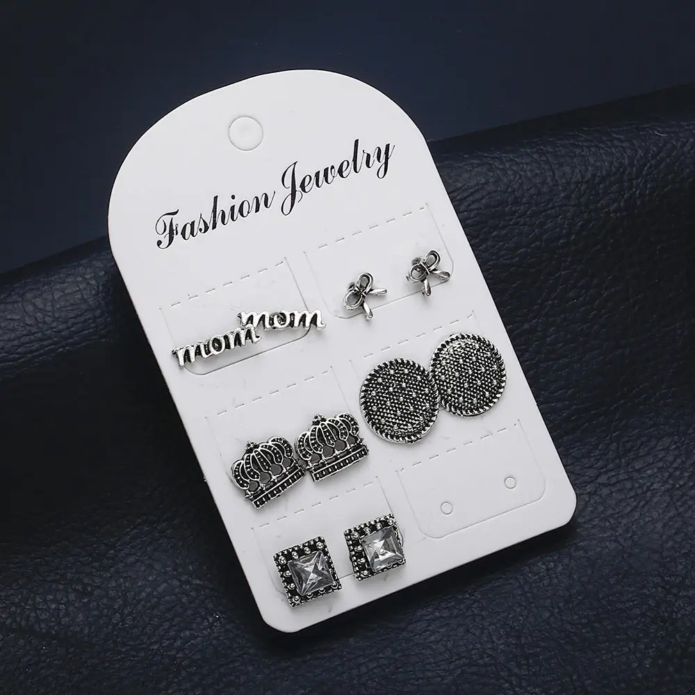MissCyCy Vintage Silver Stud Earring Set Fashion Letters Mom Crown Crystal Earrings for Women Boho Geometric Jewelry | Украшения и