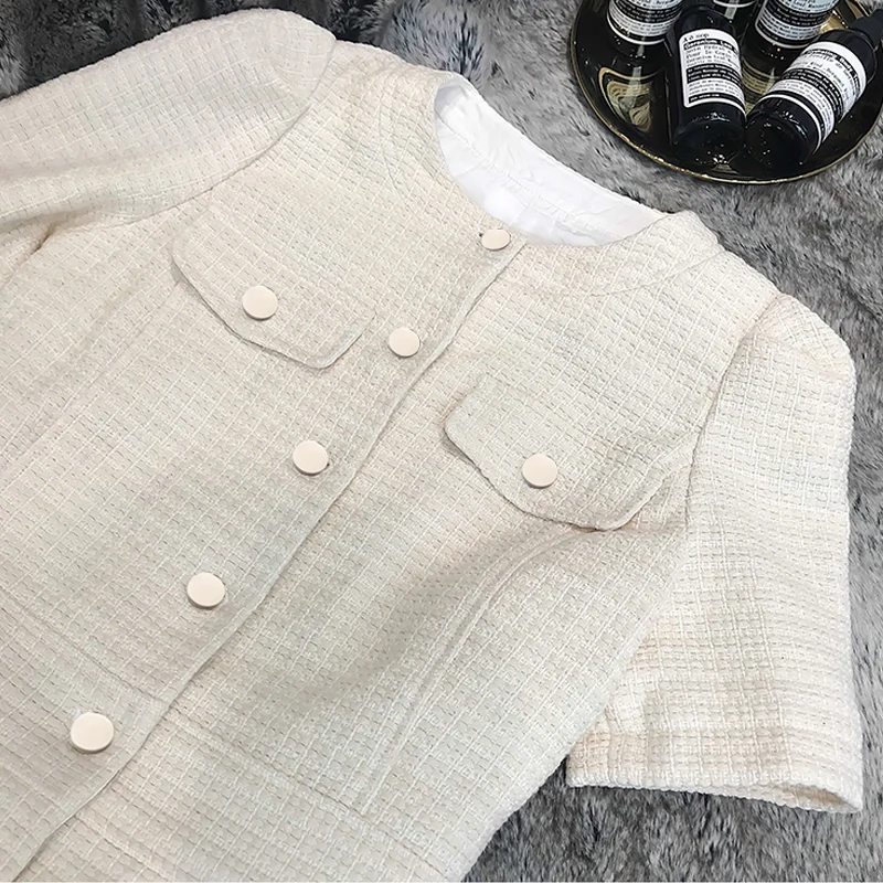 Платье из твида Off white с коротким рукавом 2019 весна / осень женское платье кисточкой