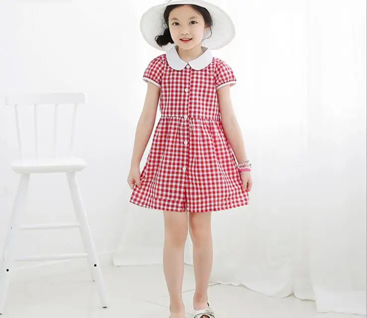 

Girls Baby Peter Pan Collar Plaid Short Sleeve Princess Party Dress Children Kids Single Breasted Cotton Casual Dress