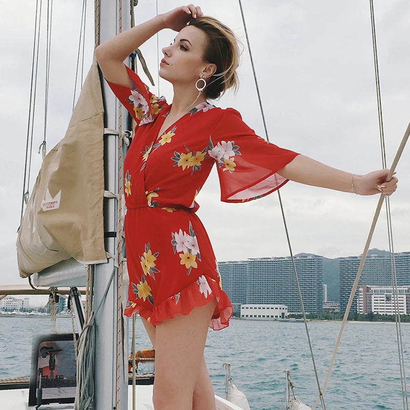 Summer Jumpsuit Women Rompers Sexy Bodysuit V-neck Playsuit Short Ruffles Sleeve Catsuit Chiffon Playsuits Ladies Red Jumpsuits playsuits women fashion bodysuit jumpsuits rompers overalls feminino floralprint chiffon jumpsuit orange ruffles hem pant