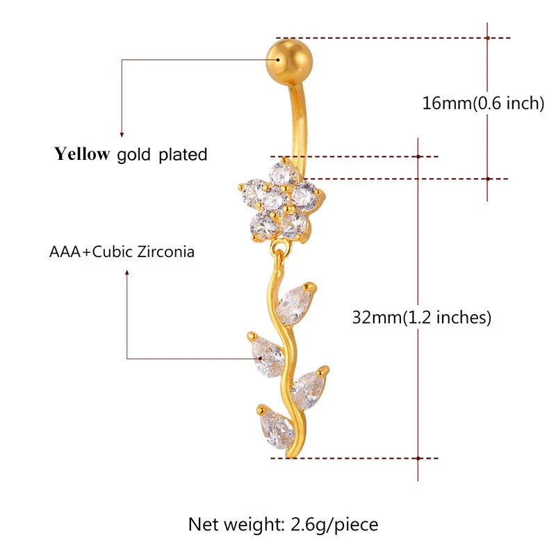 Collare Crystal Long Belly Button Ring Rose For Women Party Yellow Gold/Silver Color Navel Body Charm Jewelry DB114 |