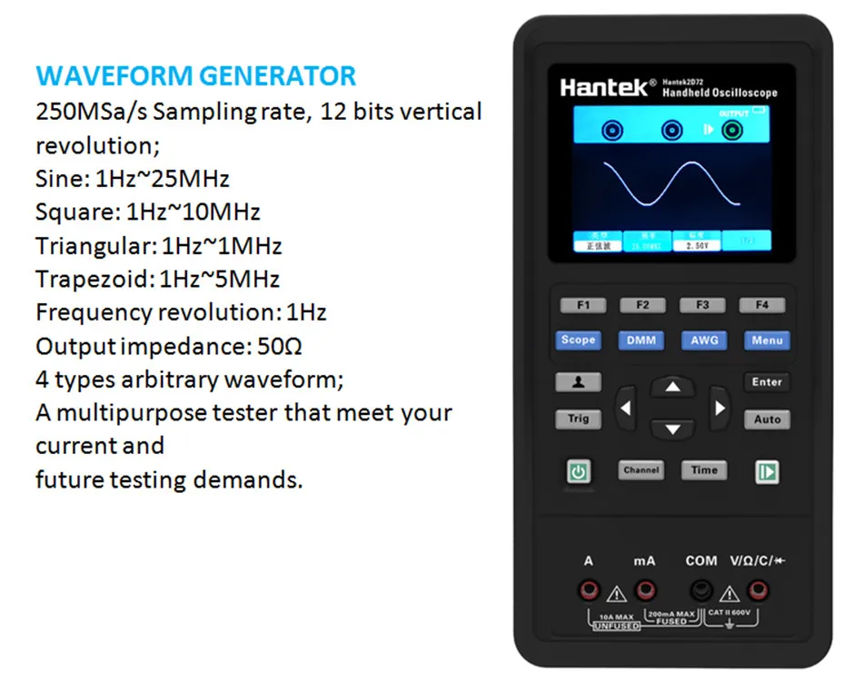 Hantek 3в1 2D72 250MSa/S цифровой осциллограф генератор сигналов мультиметр USB портативный 2 канала 40 МГц 70 МГц Многофункциональный