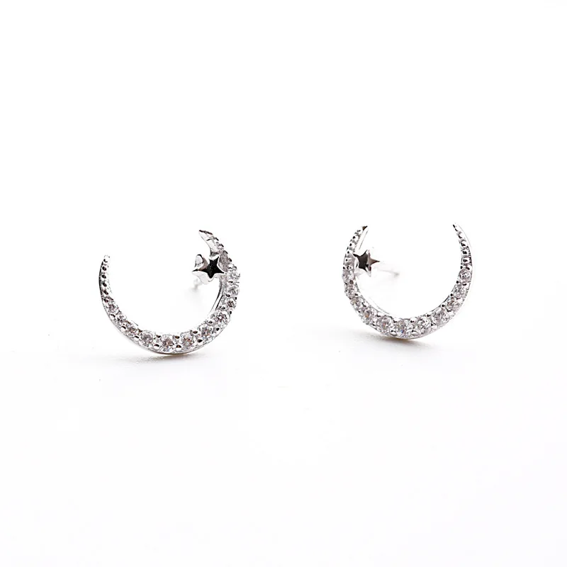 star moon cz earrings 100% 925 Sterling silver Jewelry fashion Hypoallergenic Stud for women gift | Украшения и аксессуары