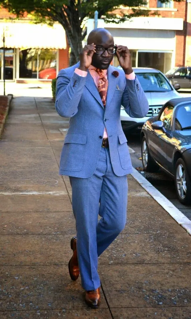 Мужской Блейзер и брюки светло-голубой облегающий смокинг 2 предмета пиджак 2017 |