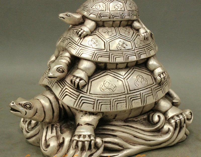 9 Folk Chinese Silver Animals Longevity 3 Dragon Gold Money Turtle XuanWu Statue |