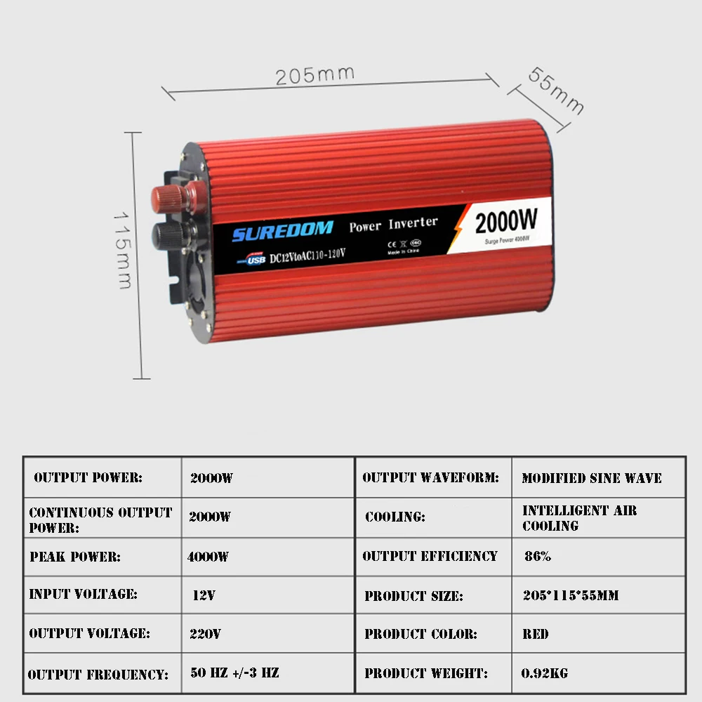 DC12V к AC220V 2000 Вт модифицированный синусоидальный двойной USB портативный