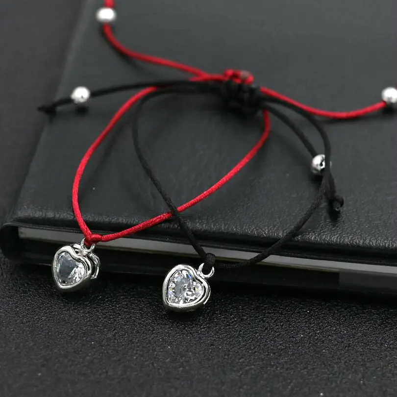 Lucky Forever Love Heart Charm Bracelet Silver Color Men Women Shiny Zircon AAA Red Rope Thread Couples Bracelets Girl Jewelry | Украшения