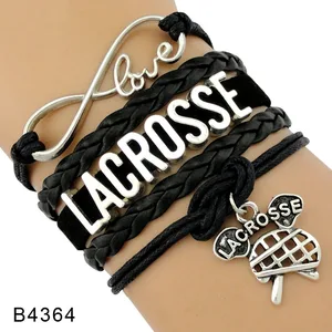 High Quality Infinity Love Lacrosse Mom Multilayer Stick Helmet Charm Black Leather Jewelry Men Bracelets for Women