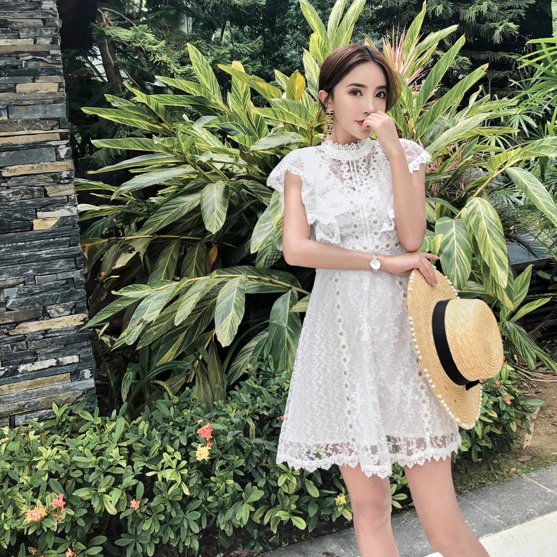 

2018 high-end women new fashion summer elegant slim bodycon sexy beach casual party vestidos runway lace white mini dress