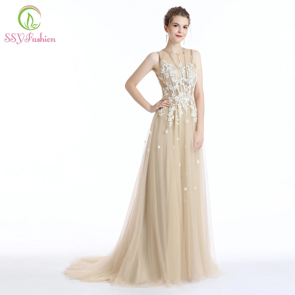 SSYFashion Новый Банкетный Элегантный Шампанское вечернее платье без рукавов