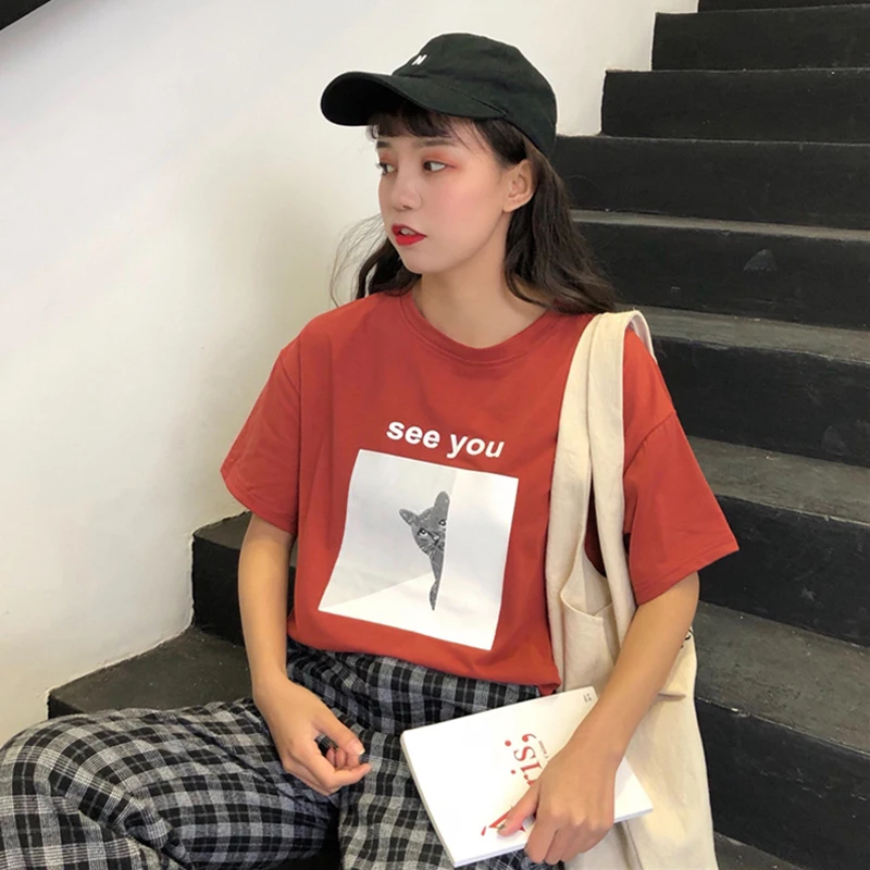 Женские хлопковые футболки Kpop свободные повседневные трикотажные с коротким
