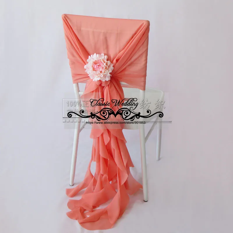

50 шт., бесплатная доставка, коралловый чехол на стул, шифоновый чехол на стул с рюшами