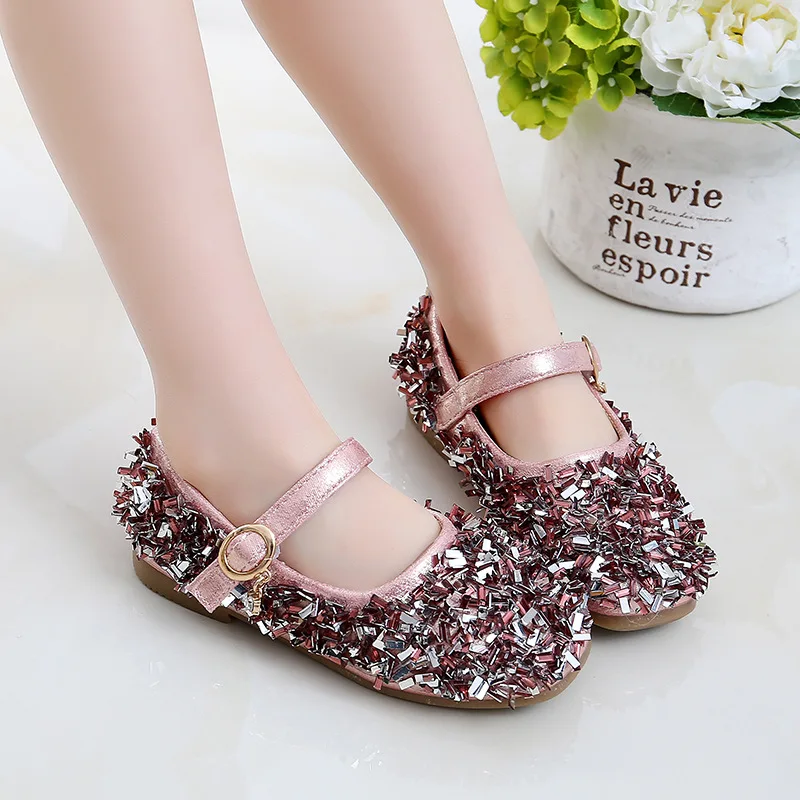 

Black pink Silver Childrens leather shoes Girl Rhinestone Princess dancing shoes Kids Wedding Party Shoes For Girl 3-15T