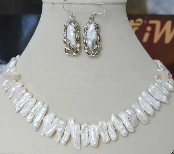 

Beautiful Freshwater White Pearl Biwa baroque Pearl Necklace +Earrings
