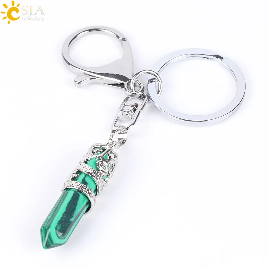 Malachite CSJA, брелки с натуральным драгоценным камнем, шестиугольная призма, подвеска, лазурит, белый кристалл, опал, для DIY, автомобильные брелоки, цепочки E824 - Цвет: Malachite