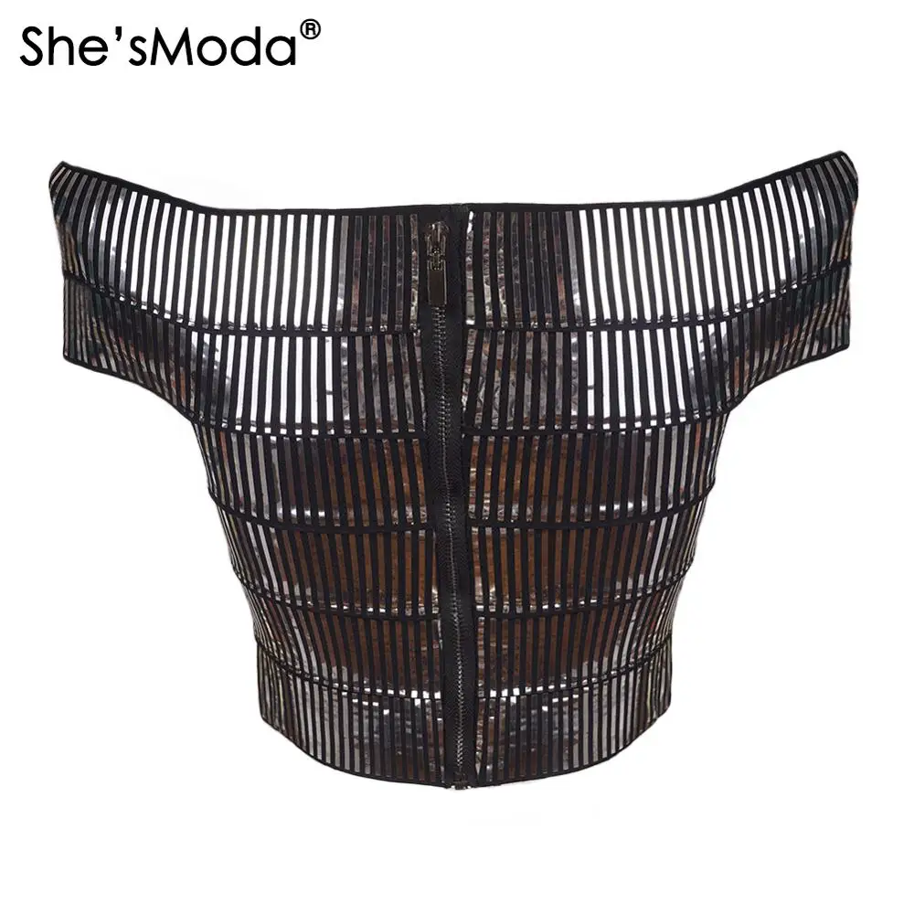 She'sModa Mirro бандаж воротник-лодочка тонкие женские укороченные топы из спандекса