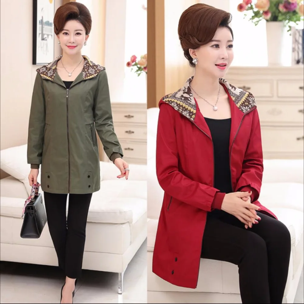 

Xl-5xl, новая весенняя и осенняя ветровка с капюшоном для мамы среднего возраста, женский плащ средней длины с длинным рукавом, большой размер