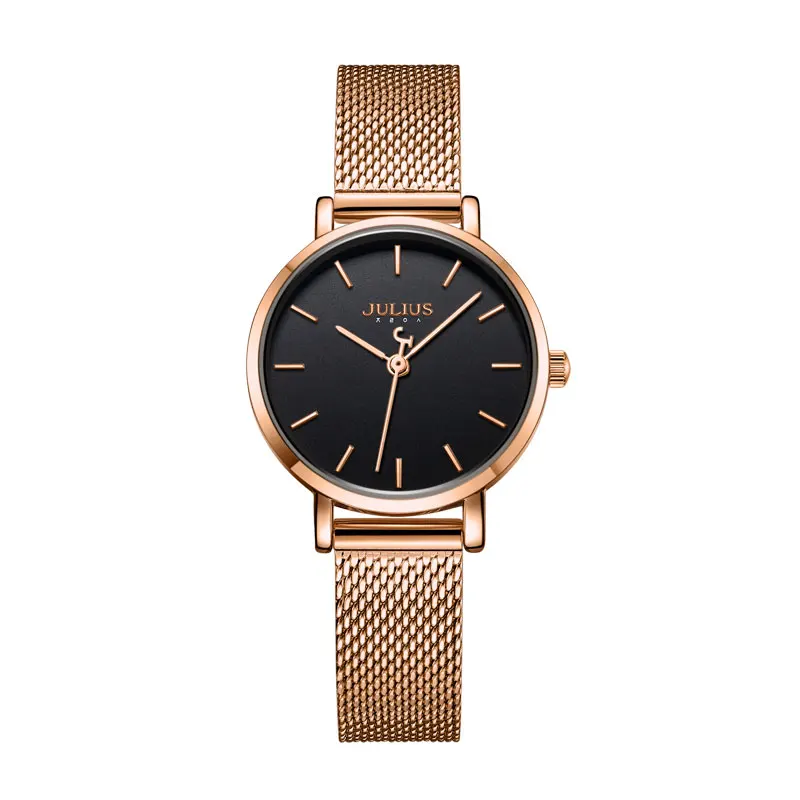 Rosegold Black Julius часы ультра-тонкие 6 мм Простые повседневные женские часы из нержавеющей стали модный топ бренд Montre JA-1164 - Цвет: Rosegold Black