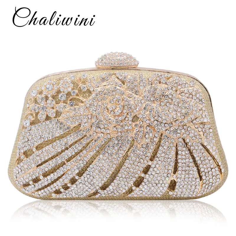 

New Style Metallic Hollow Out Crystal Floral Women Evening Clutch Bag Bridal Wedding Rhinestones Knucklebox Purse Handbag