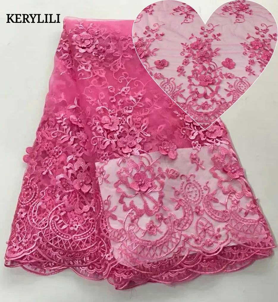 KER YLILI розовый высококачественный африканский тюль кружева 3D ткань с аппликацией